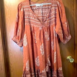 Daughters of India Mishka Mini Dress Chai Size Medium Boho Puff Sleeve Cotton